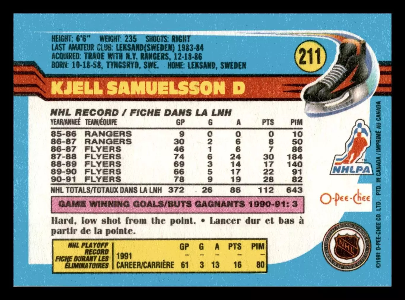 1991-92 O-Pee-Chee #211 Kjell Samuelsson 1