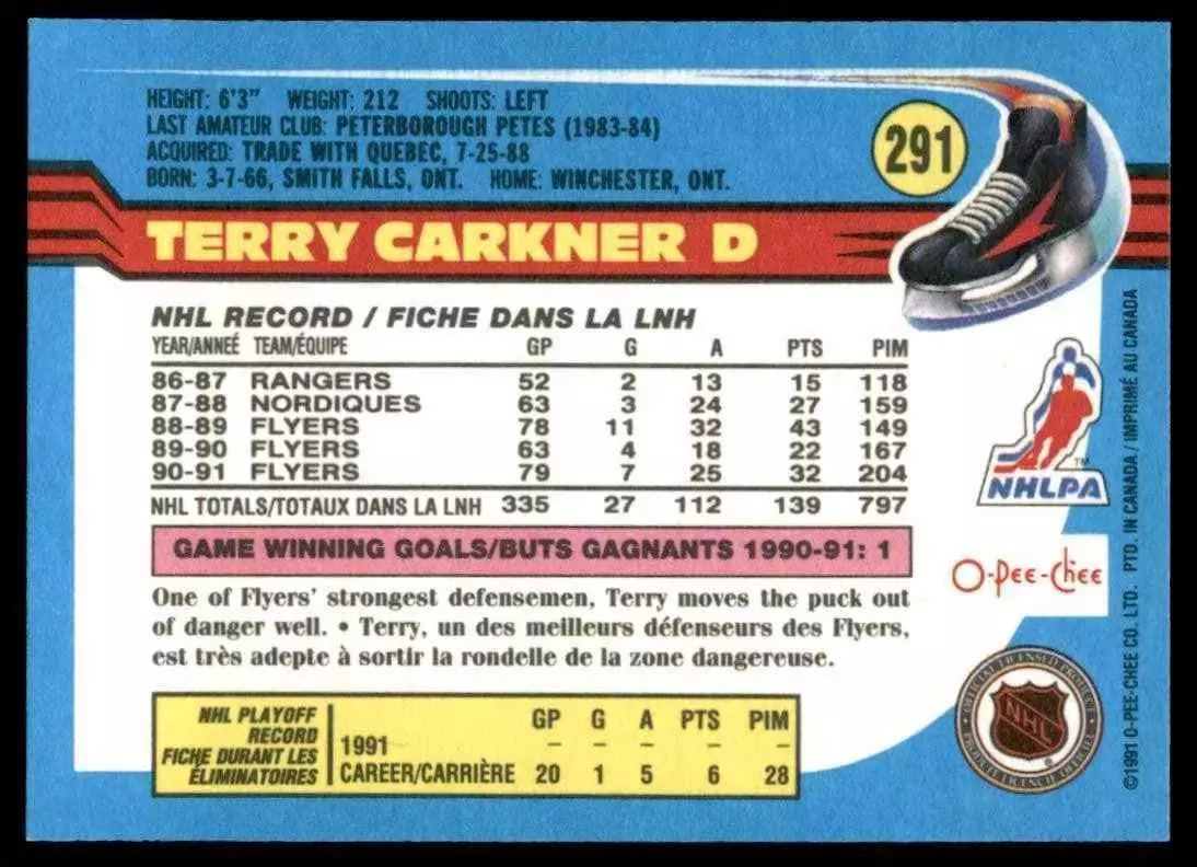 1991-92 O-Pee-Chee #291 Terry Carkner 1