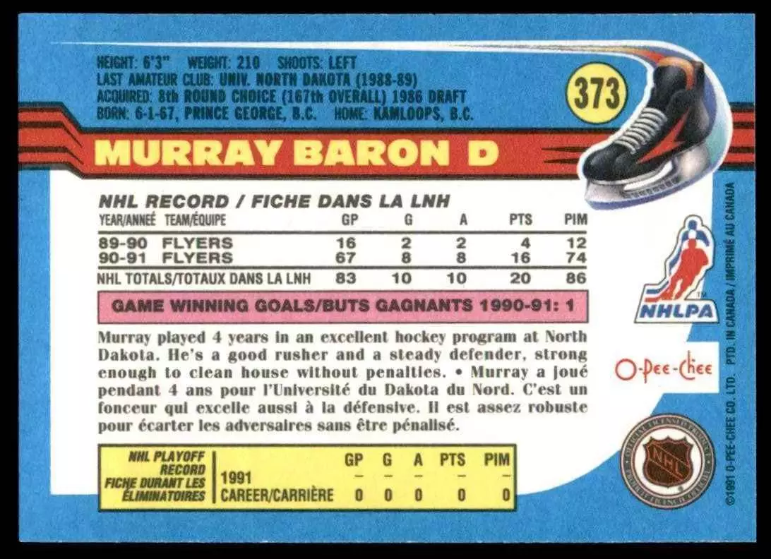 1991-92 O-Pee-Chee #373 Murray Baron 1