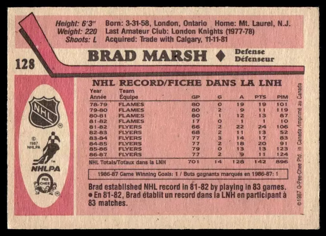 1987-88 O-Pee-Chee #128 Brad Marsh 1