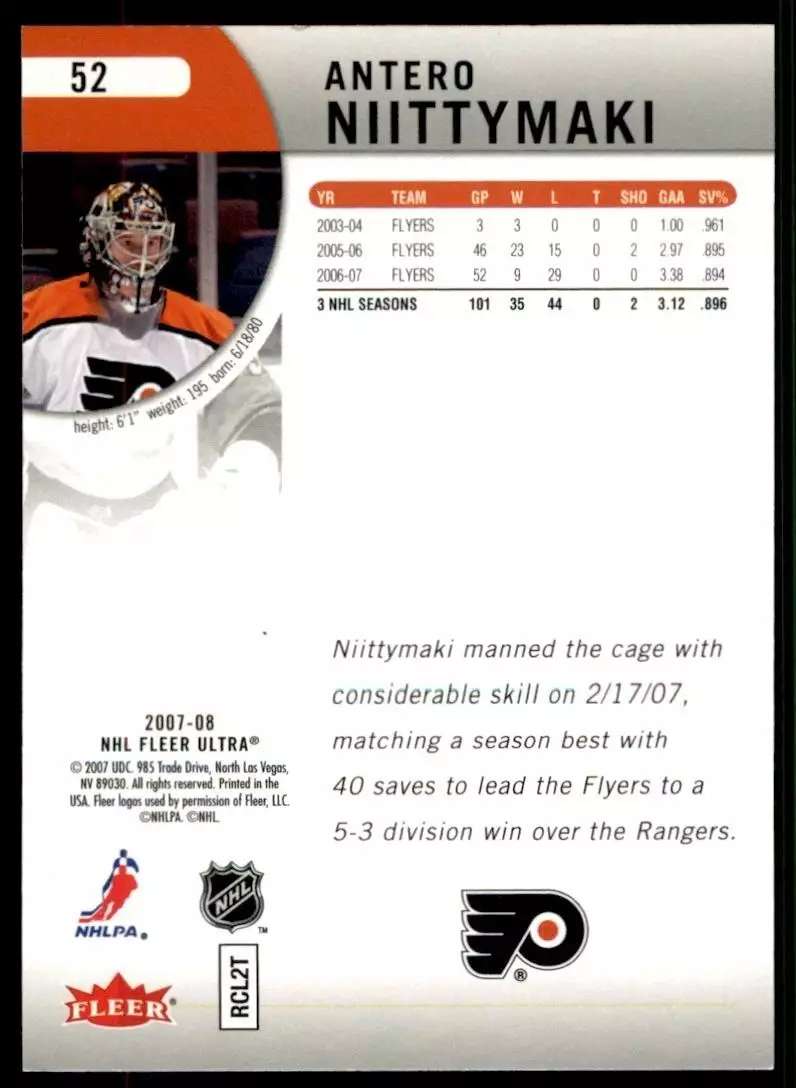 2007-08 Ultra #52 Antero Niittymaki 1