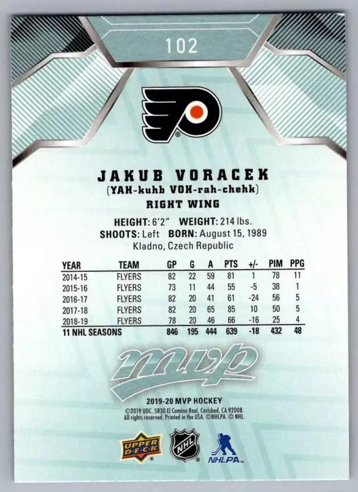 2019-20 Upper Deck MVP #102 Jakub Voracek 1