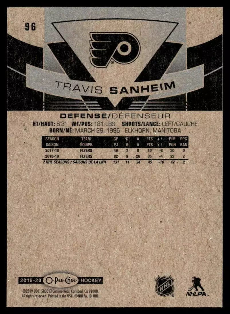 2019-20 O-Pee-Chee #96 Travis Sanheim 1