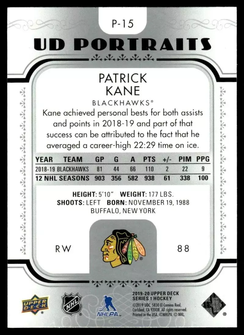 2019-20 Upper Deck UD Portraits #P15 Patrick Kane 1