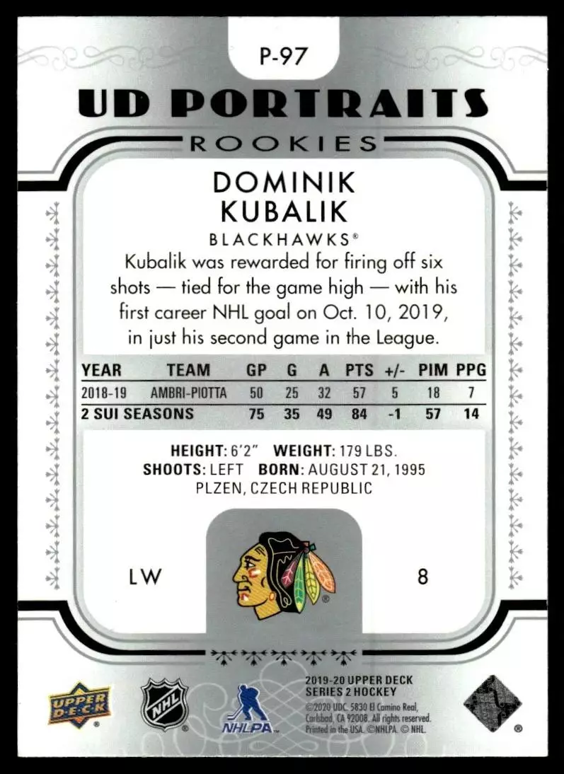2019-20 Upper Deck UD Portraits #P97 Dominik Kubalik 1