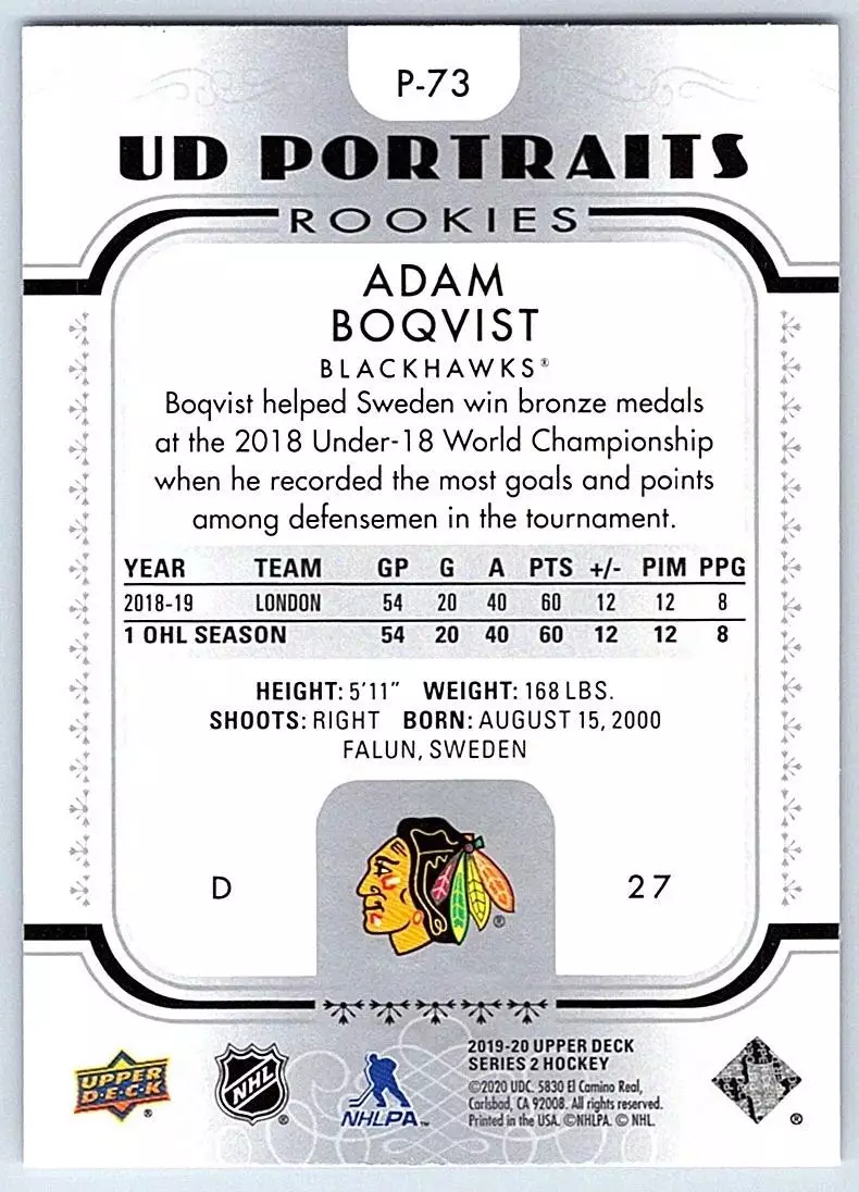 2019-20 Upper Deck UD Portraits #P73 Adam Boqvist 1