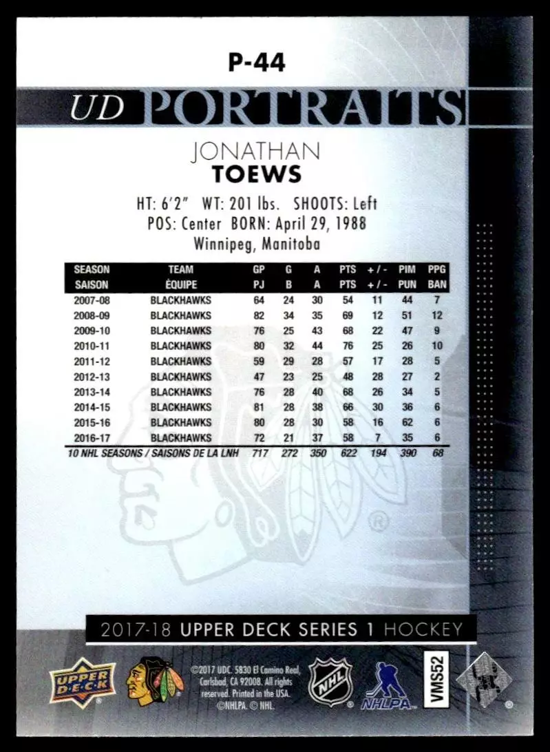 2017-18 Upper Deck UD Portraits #P44 Jonathan Toews 1