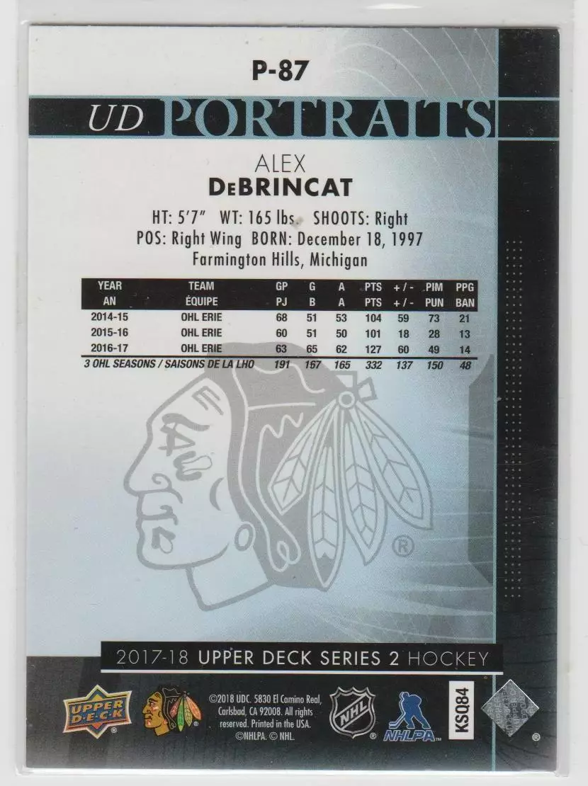 2017-18 Upper Deck UD Portraits #P87 Alex DeBrincat 1