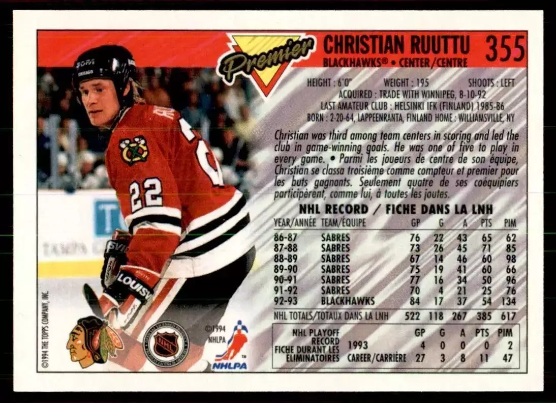 1993-94 OPC Premier #355 Christian Ruuttu 1