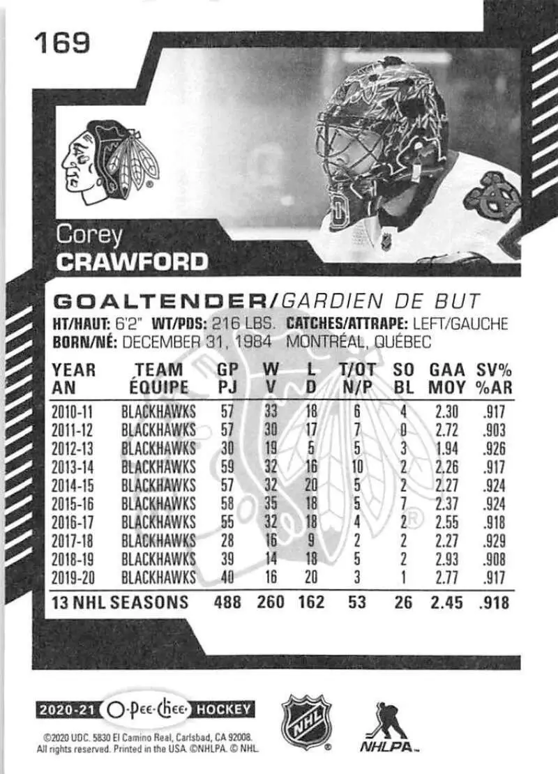 2020-21 O-Pee-Chee #169 Corey Crawford 1