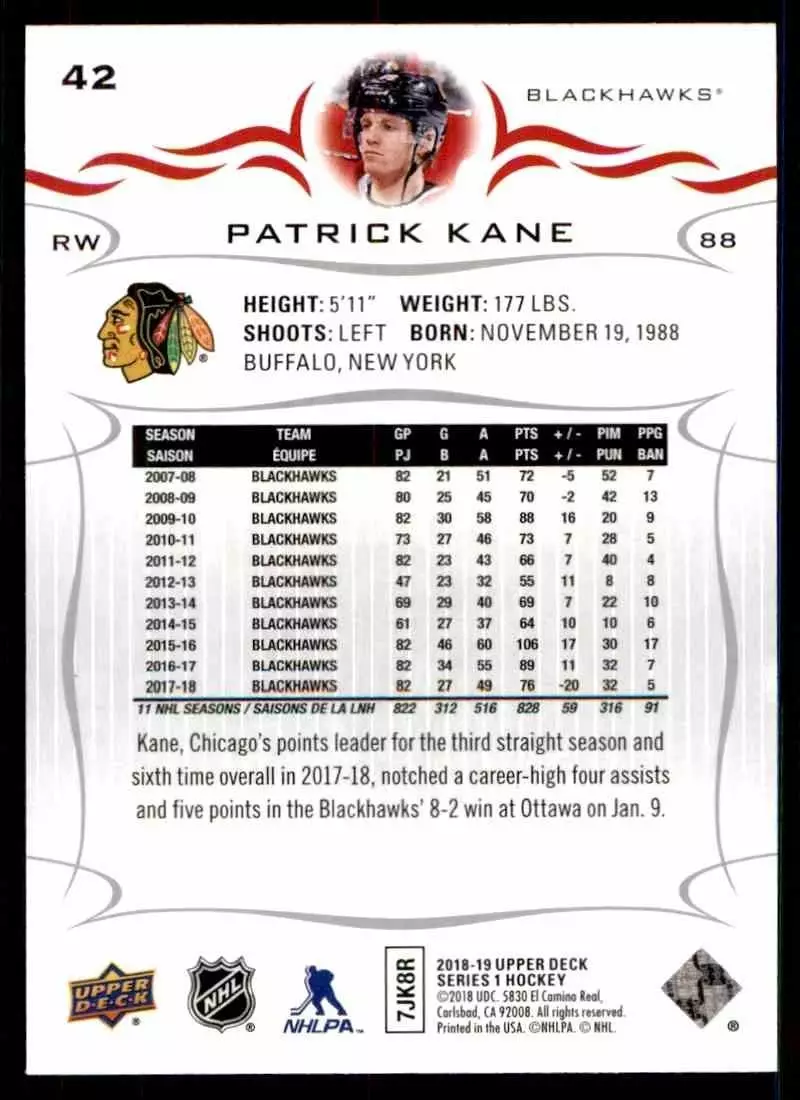 2018-19 Upper Deck #42 Patrick Kane 1