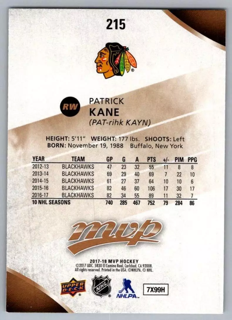 2017-18 Upper Deck MVP #215 Patrick Kane 1