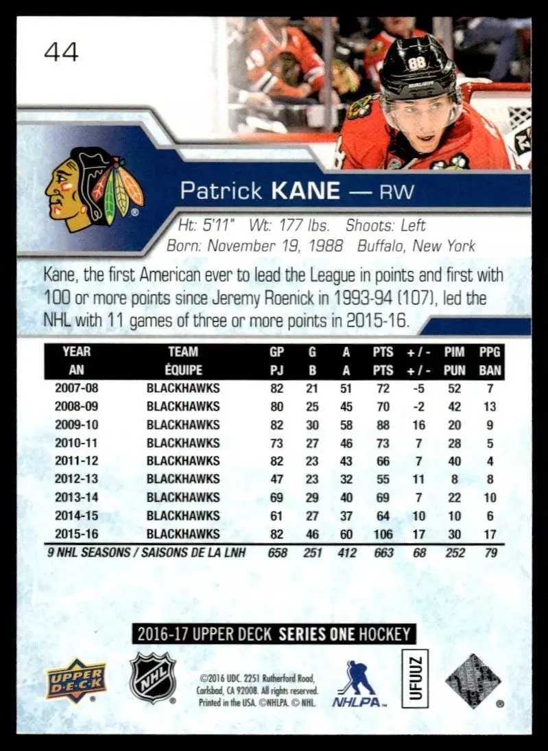 2016-17 Upper Deck #44 Patrick Kane 1