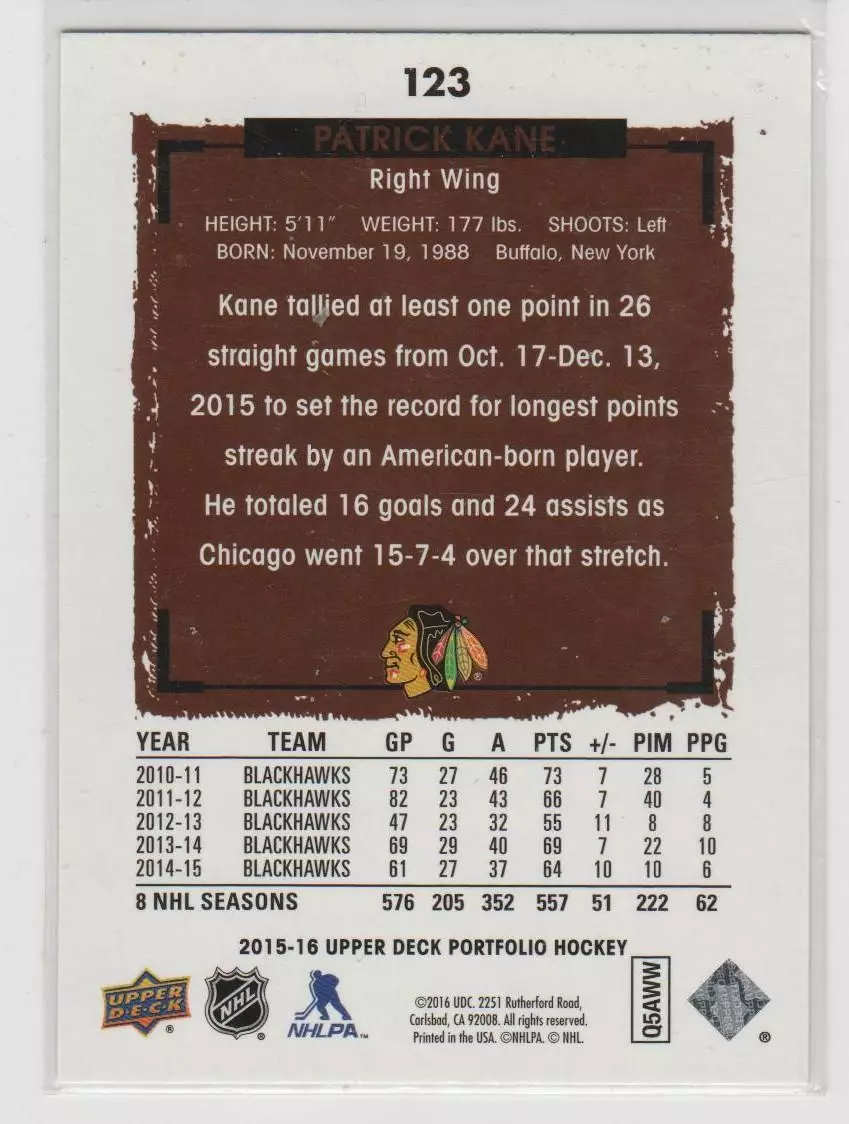 2015-16 Upper Deck Portfolio #123 Patrick Kane 1