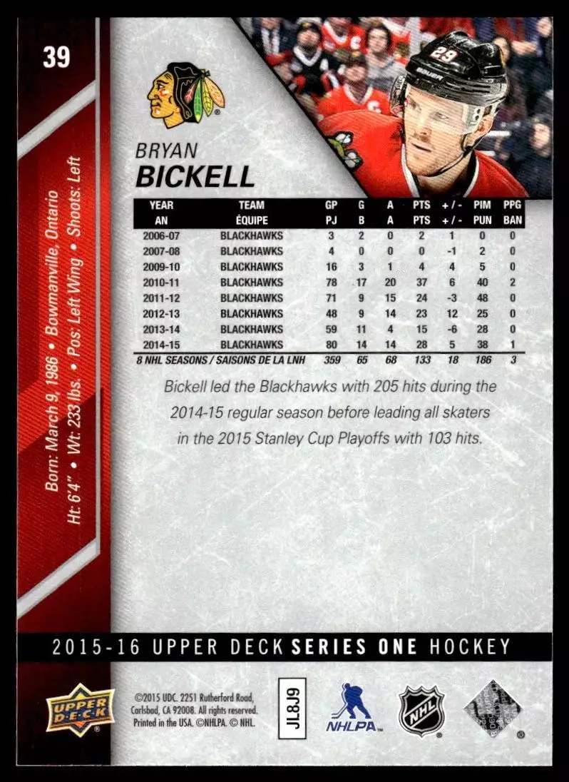 2015-16 Upper Deck #39 Bryan Bickell 1
