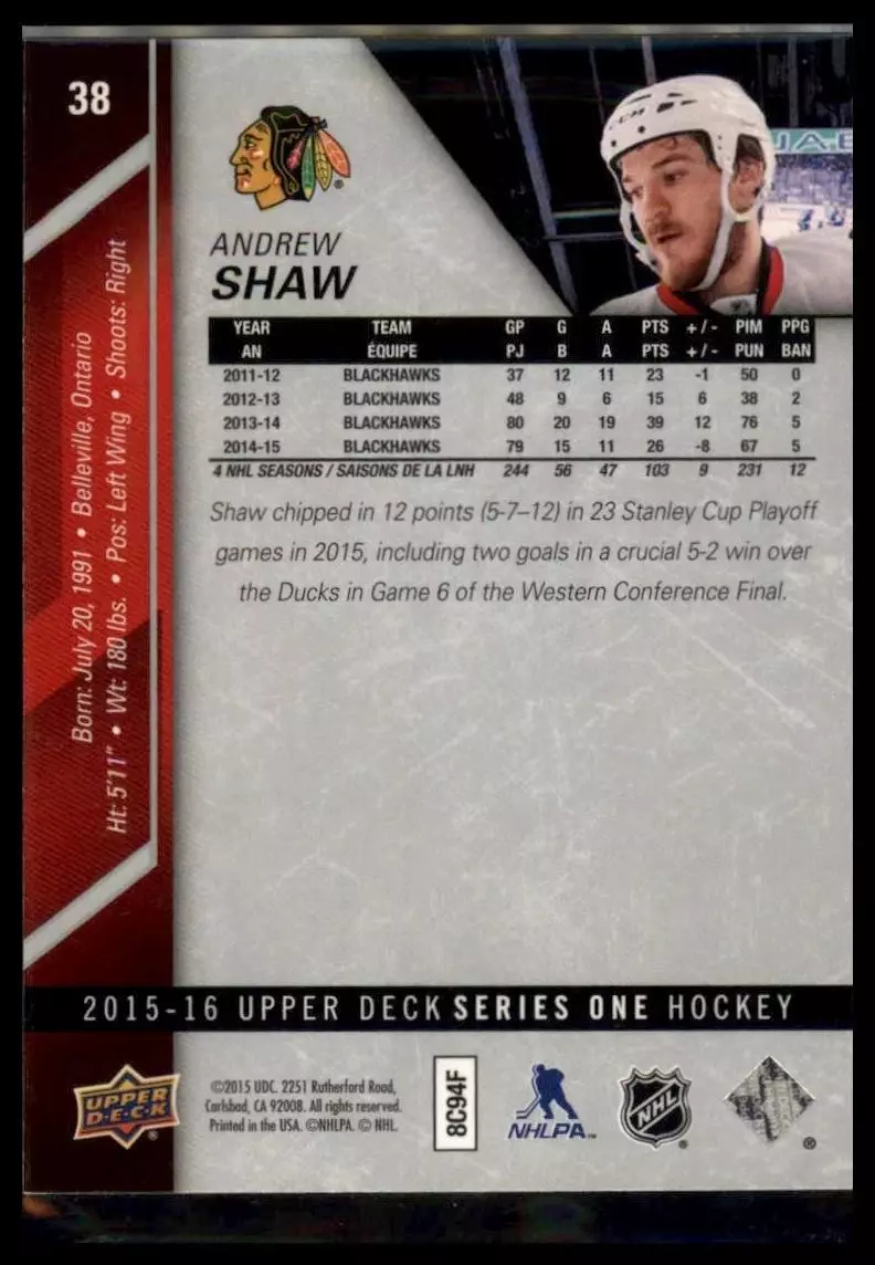 2015-16 Upper Deck #38 Andrew Shaw 1