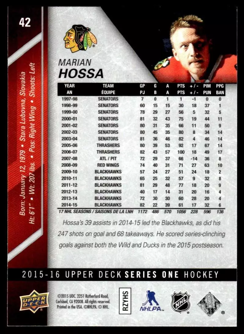 2015-16 Upper Deck #42 Marian Hossa 1