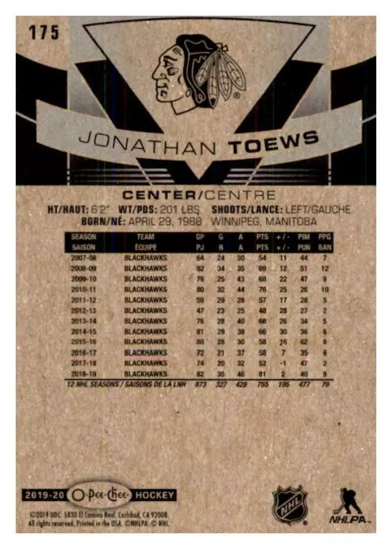 2019-20 O-Pee-Chee #175 Jonathan Toews 1