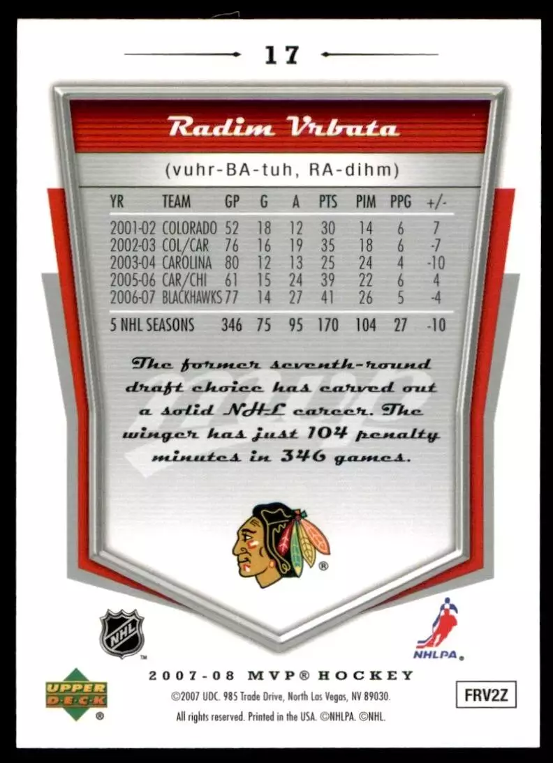 2007-08 Upper Deck MVP #17 Radim Vrbata 1