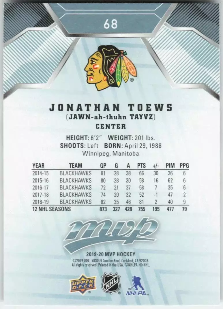 2019-20 Upper Deck MVP #68 Jonathan Toews 1