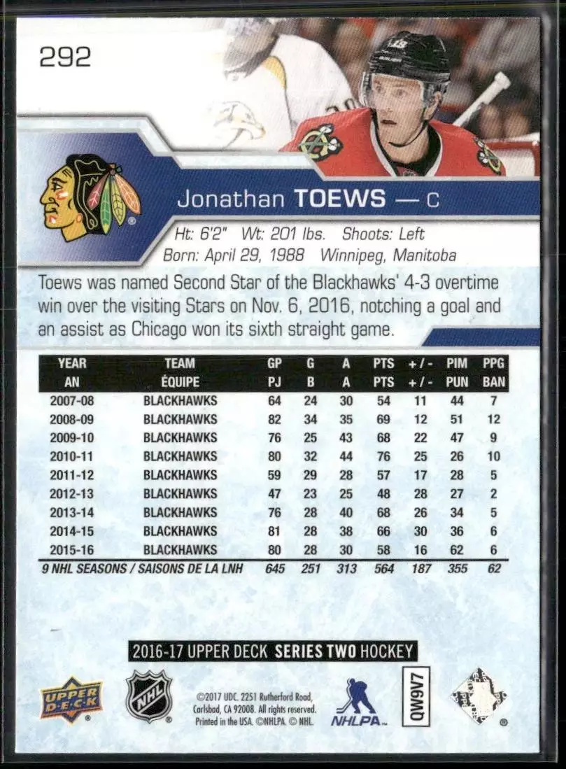 2016-17 Upper Deck #292 Jonathan Toews 1
