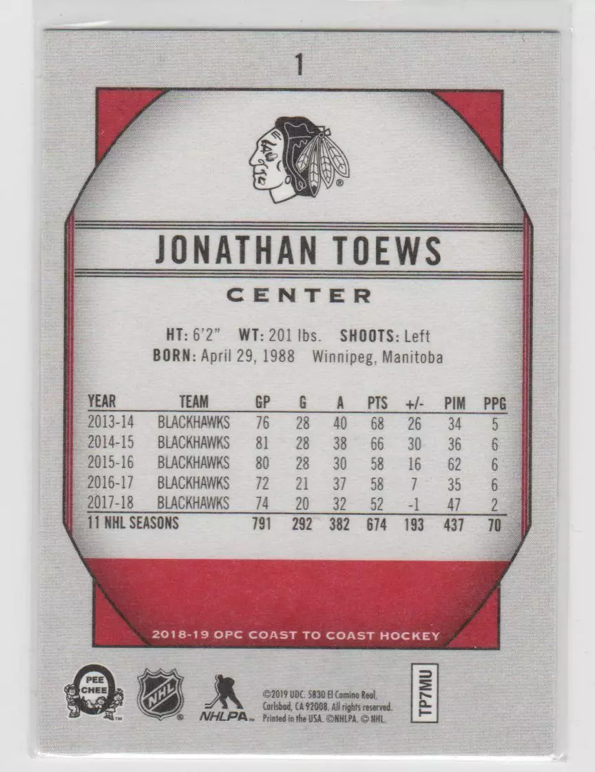 2018-19 O-Pee-Chee Coast to Coast #1 Jonathan Toews 1