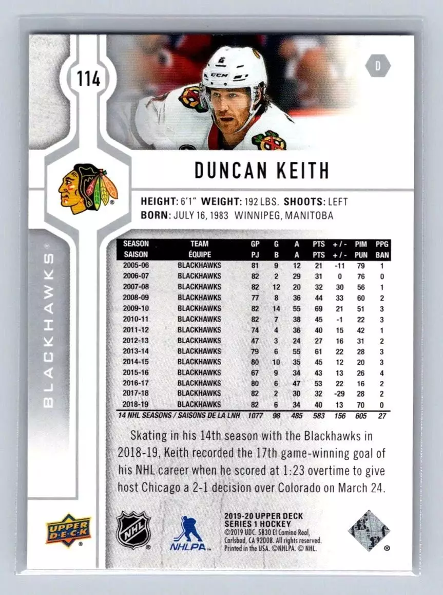 2019-20 Upper Deck #114 Duncan Keith 1