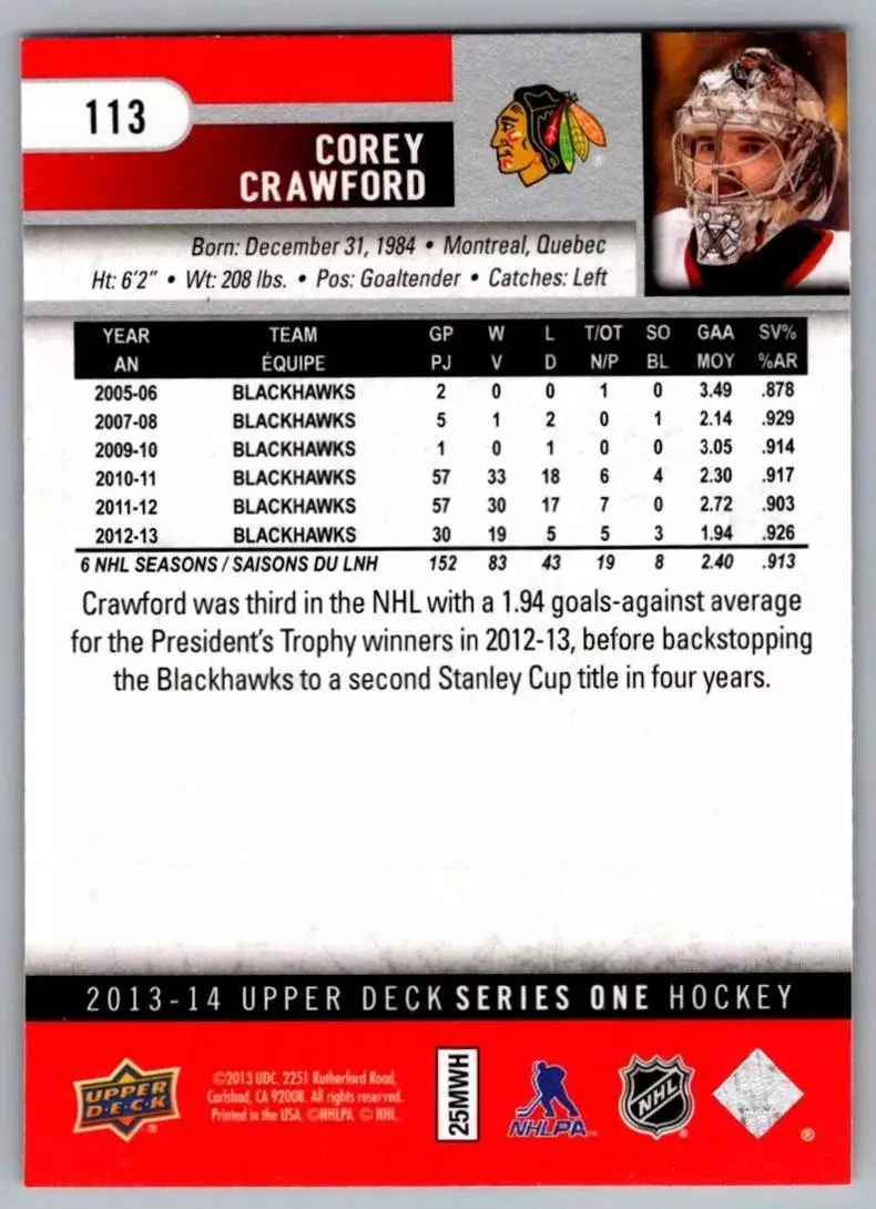2013-14 Upper Deck #113 Corey Crawford 1