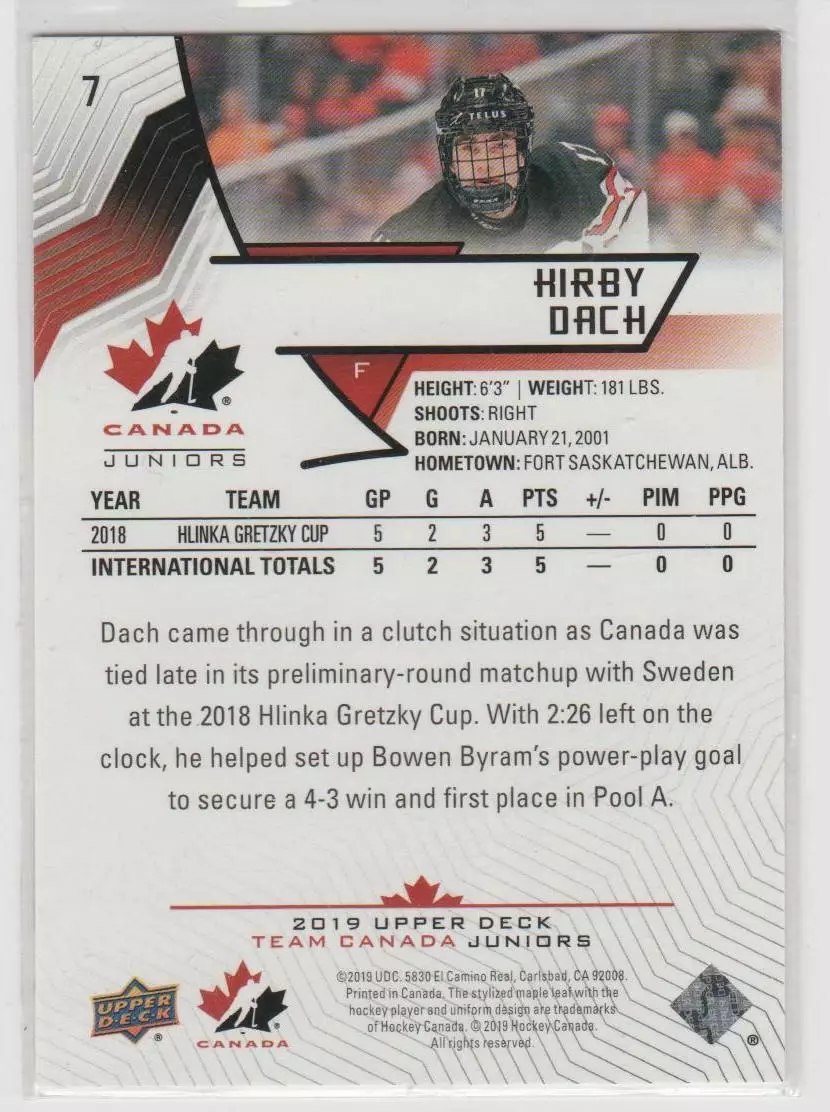2019-20 Upper Deck Team Canada Juniors #7 Kirby Dach 1