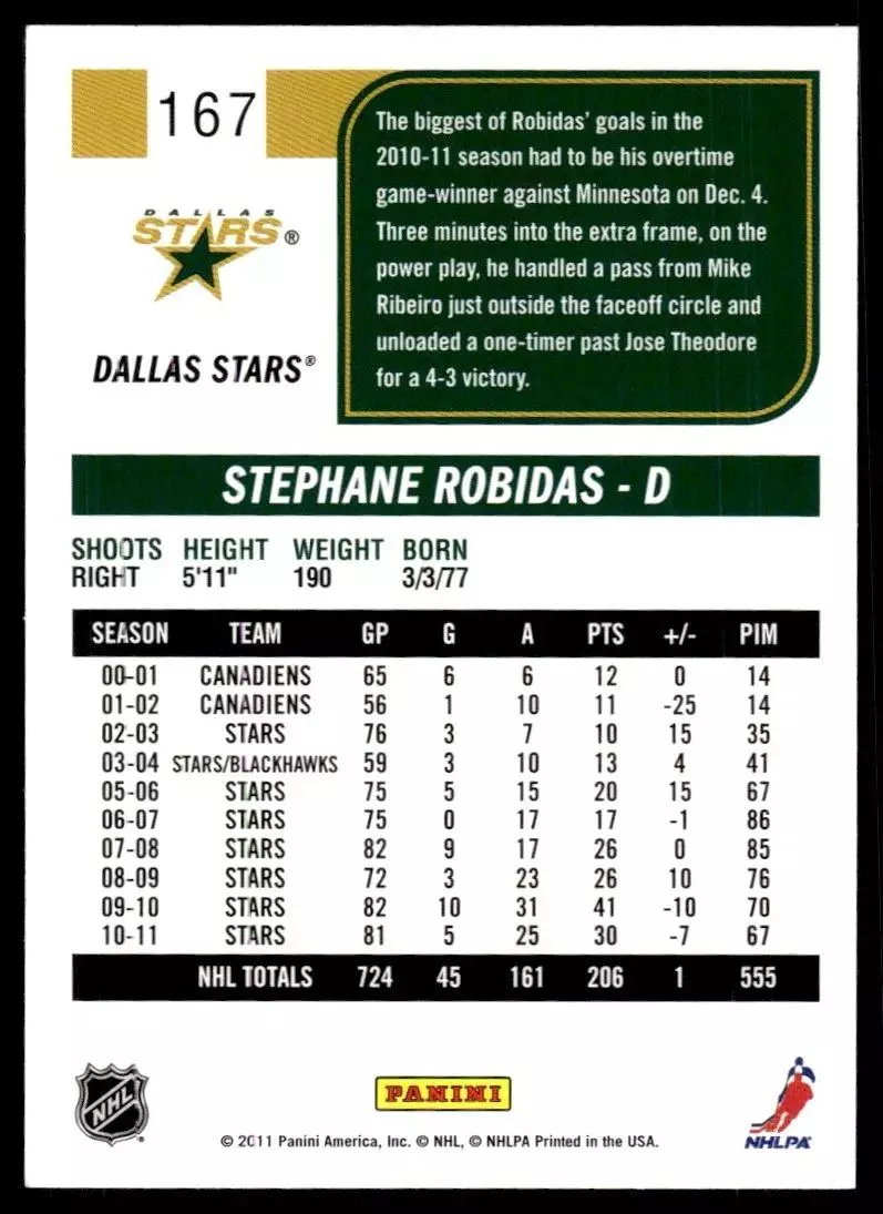 2011-12 Score #167 Stephane Robidas 1