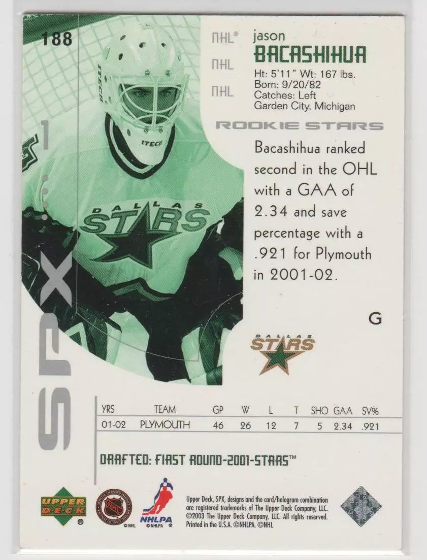 2002-03 SPx #188 Jason Bacashihua RC 802\999 1