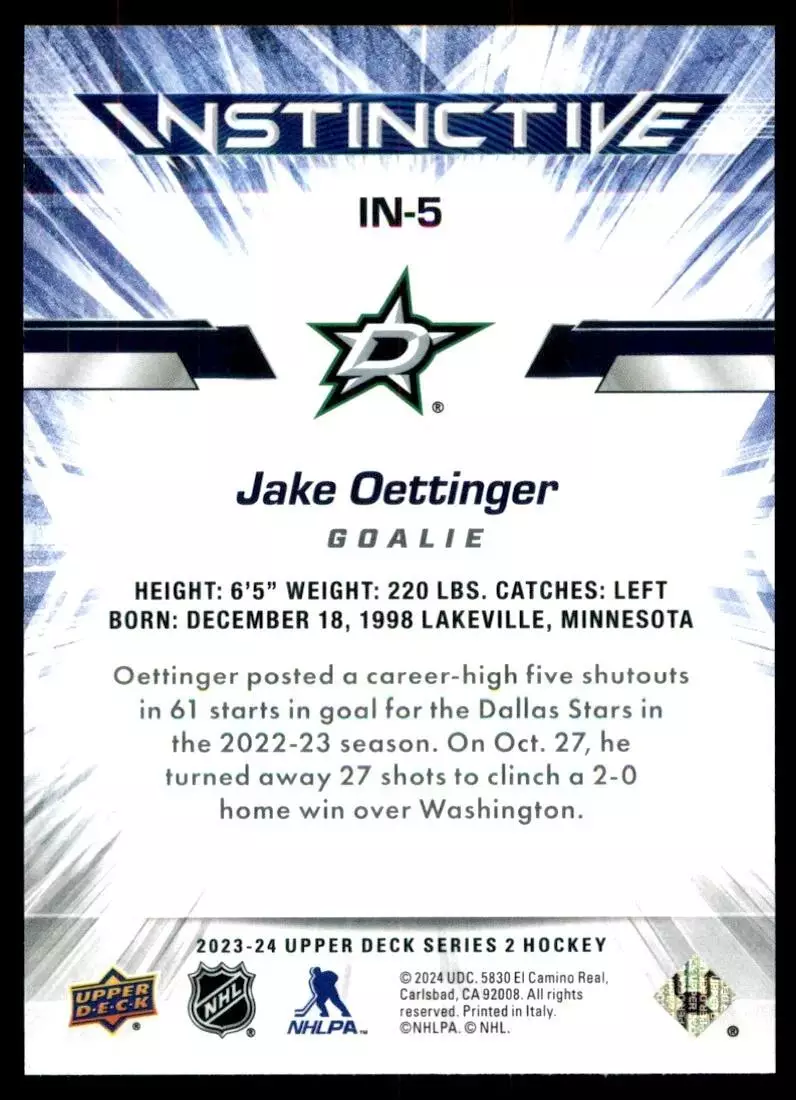 2023-24 Upper Deck Instinctive #IN5 Jake Oettinger 1