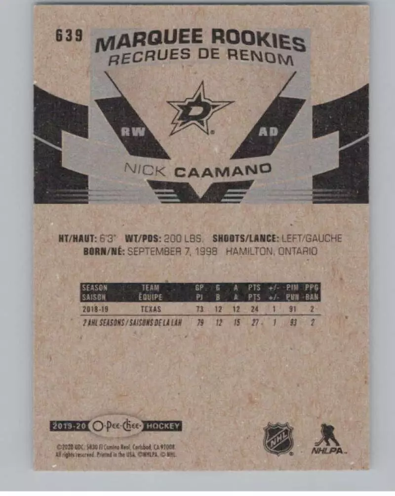 2019-20 O-Pee-Chee #639 Nick Caamano RC 1