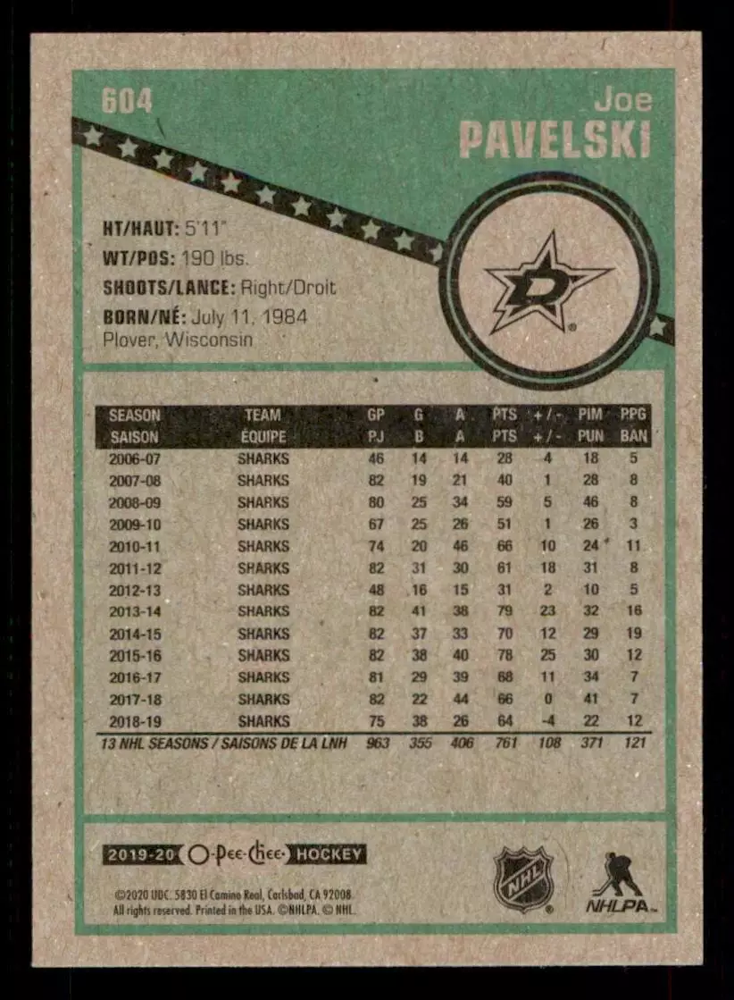 2019-20 O-Pee-Chee Retro #604 Joe Pavelski 1