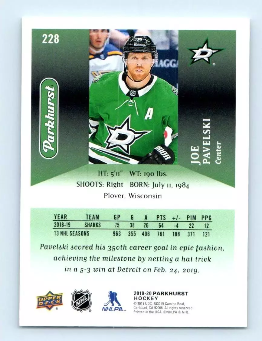 2019-20 Parkhurst #228 Joe Pavelski SP 1