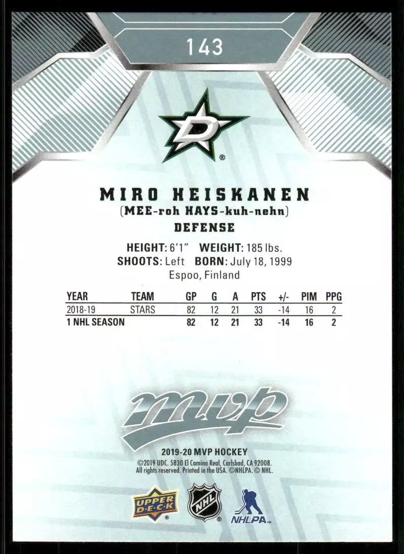 2019-20 Upper Deck MVP #143 Miro Heiskanen 1