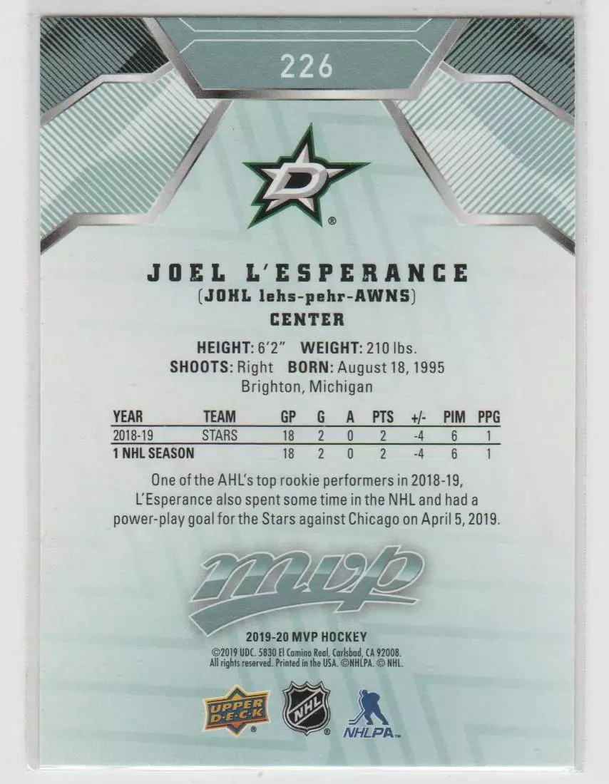 2019-20 Upper Deck MVP #226 Joel L'Esperance SP RC 1