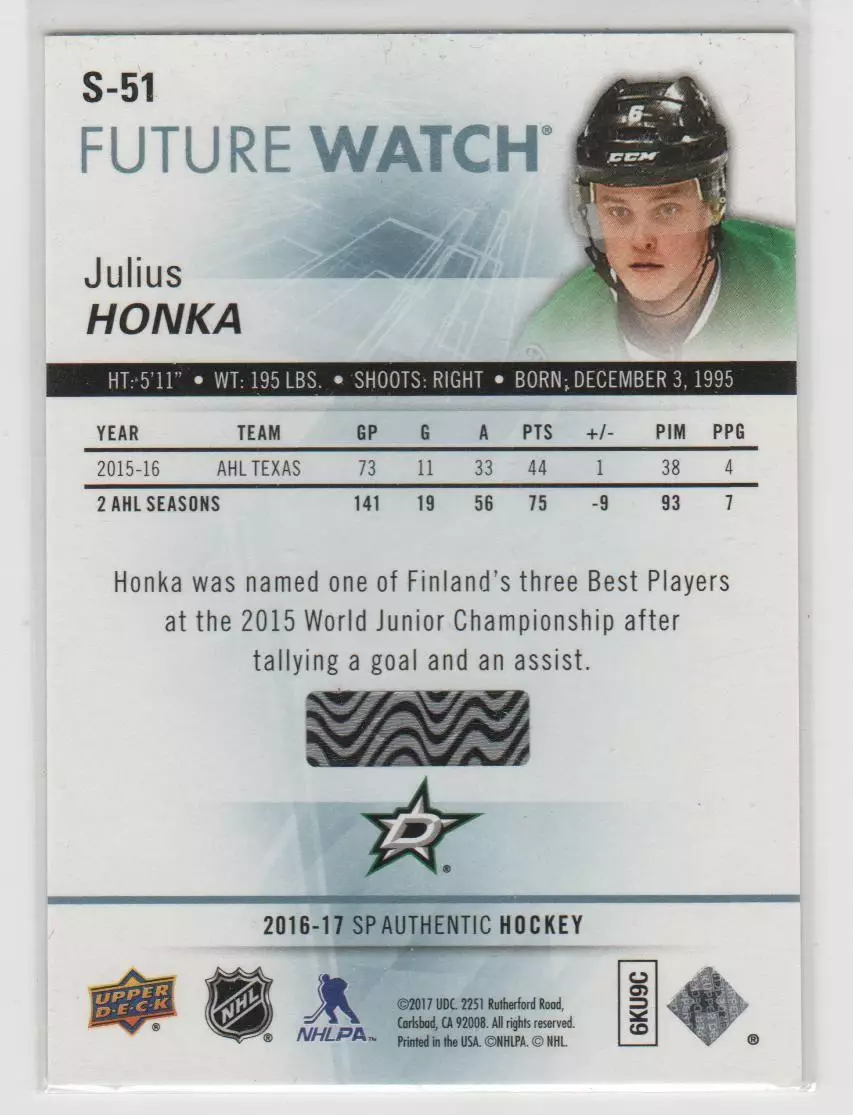 2016-17 SP Authentic Spectrum FX #S51 Julius Honka FW 1