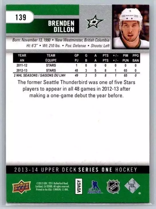 2013-14 Upper Deck #139 Brenden Dillon 1