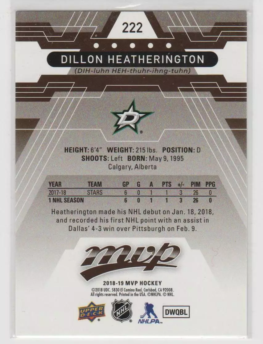 2018-19 Upper Deck MVP #222 Dillon Heatherington RC 1