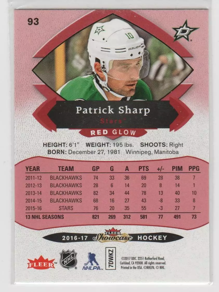 2016-17 Fleer Showcase Red Glow #93 Patrick Sharp 1