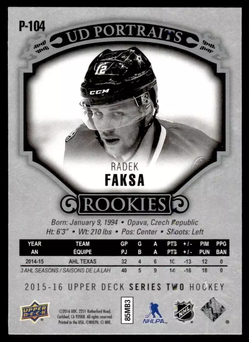 2015-16 Upper Deck UD Portraits #P104 Radek Faksa 1