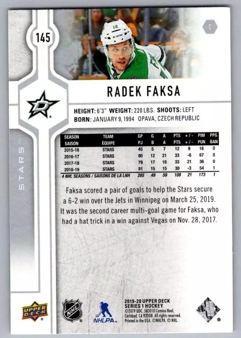 2019-20 Upper Deck #145 Radek Faksa 1