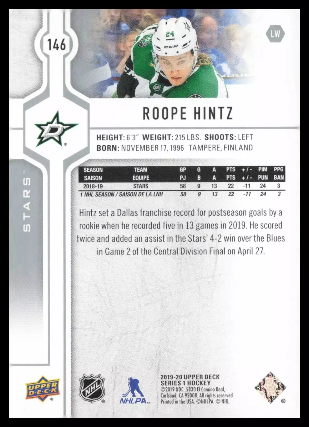 2019-20 Upper Deck #146 Roope Hintz 1