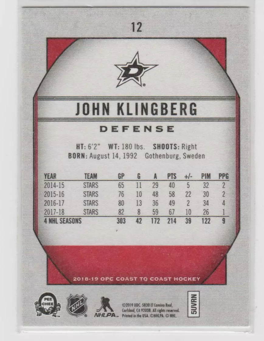 2018-19 O-Pee-Chee Coast to Coast #12 John Klingberg 1
