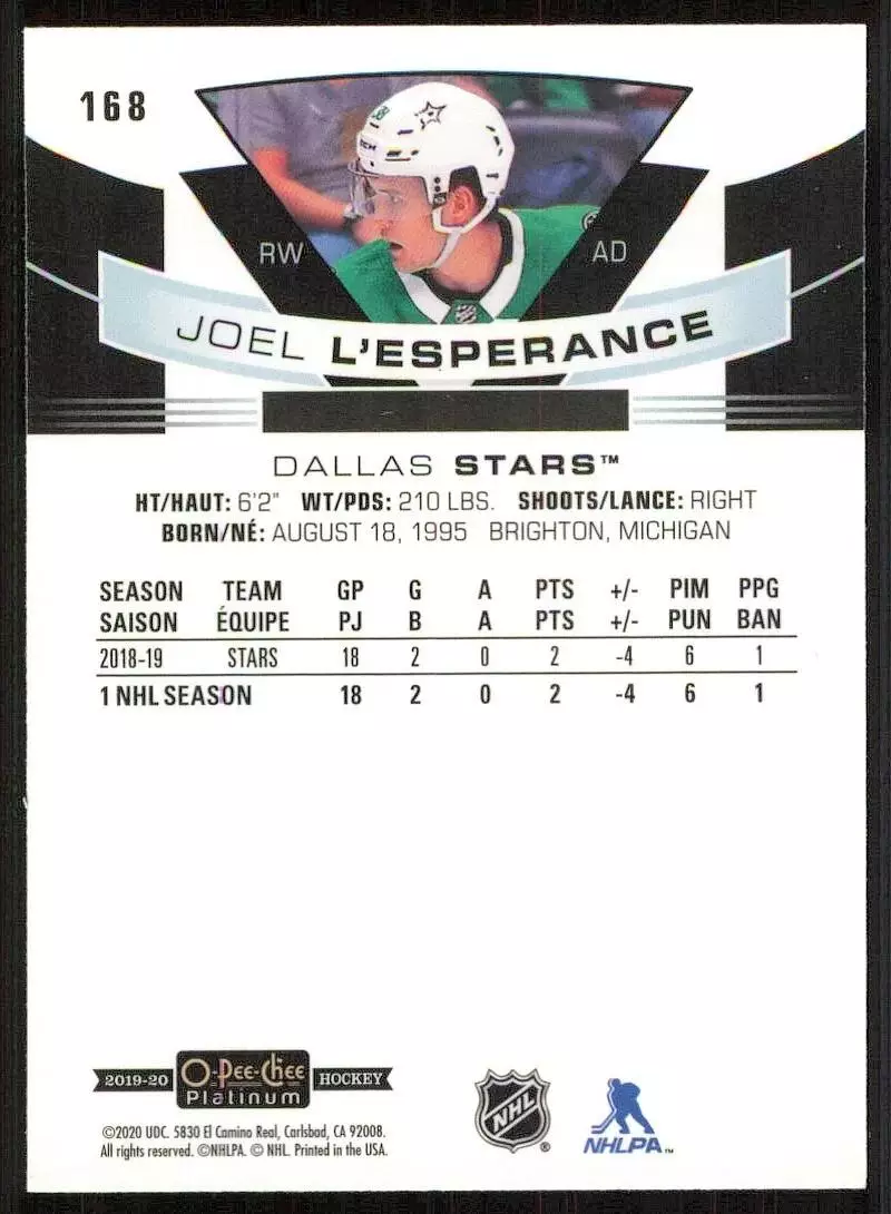2019-20 O-Pee-Chee Platinum #168 Joel L'Esperance RC 1