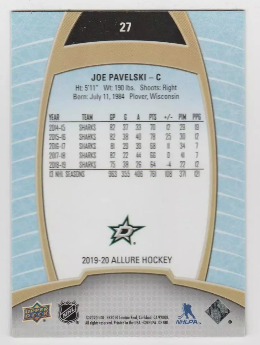 2019-20 Upper Deck Allure #27 Joe Pavelski 1
