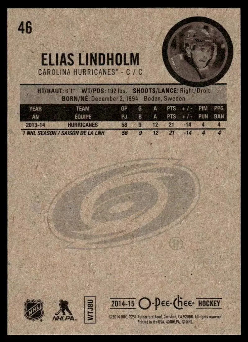 2014-15 O-Pee-Chee #46 Elias Lindholm 1