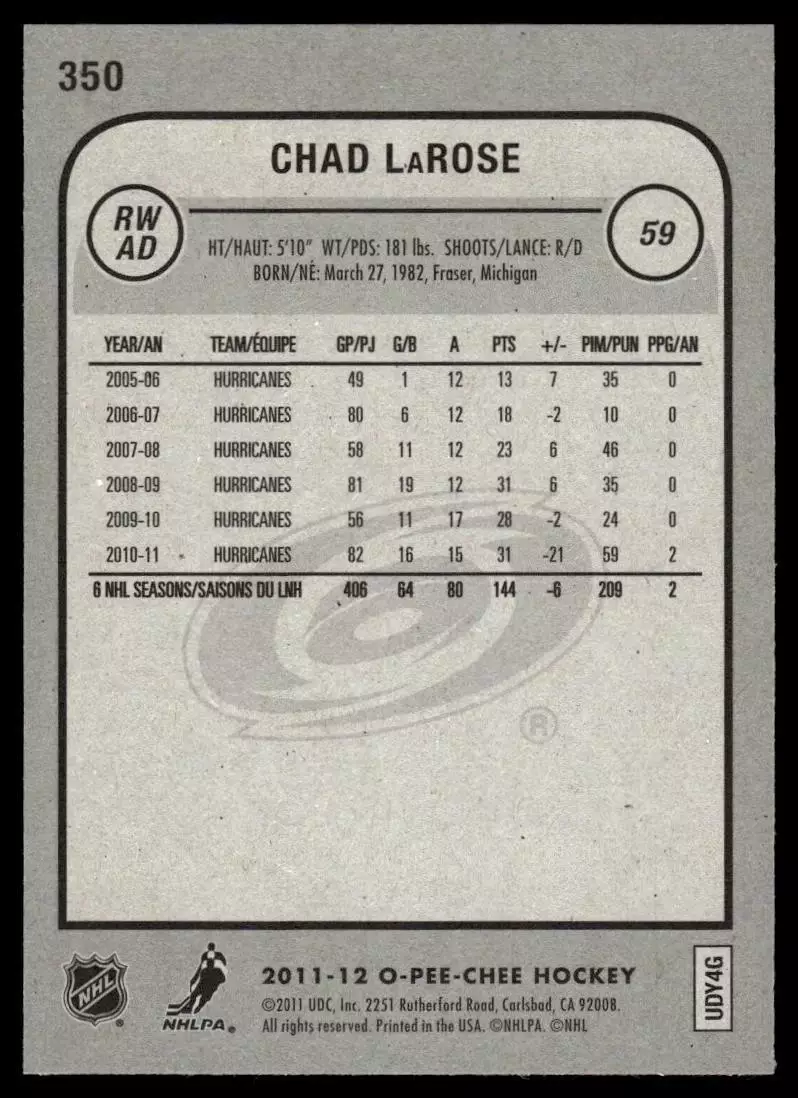 2011-12 O-Pee-Chee #350 Chad LaRose 1