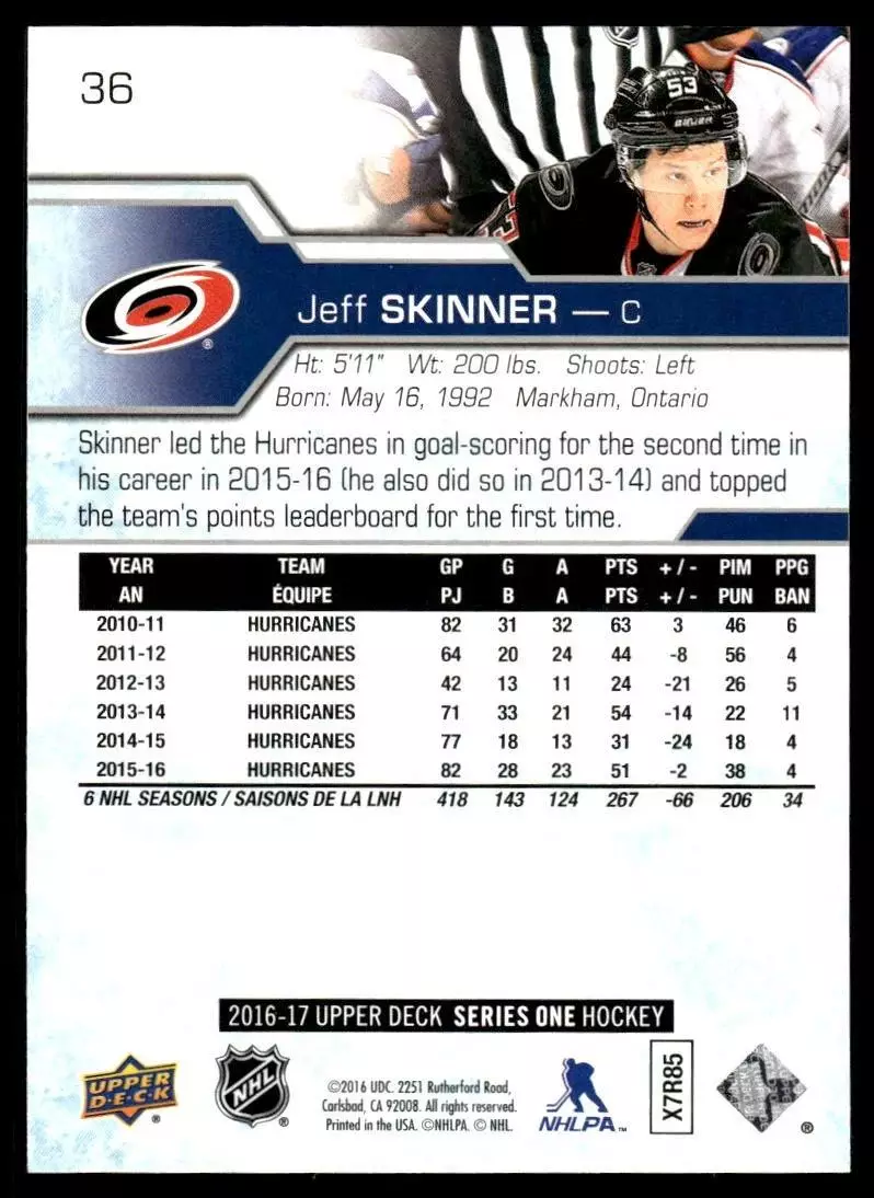 2016-17 Upper Deck #36 Jeff Skinner 1